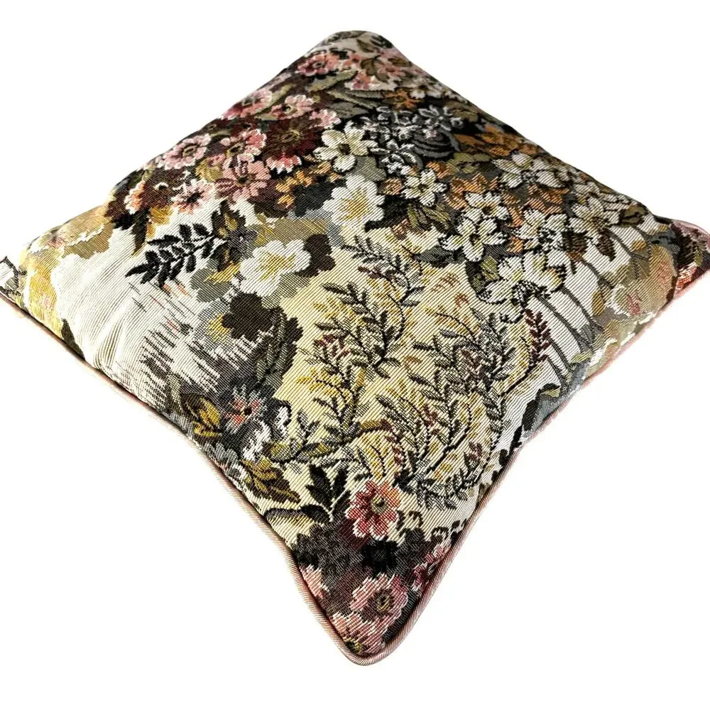 Vintage Tapestry toss pillow raw silk satin textured backing romantic cottage